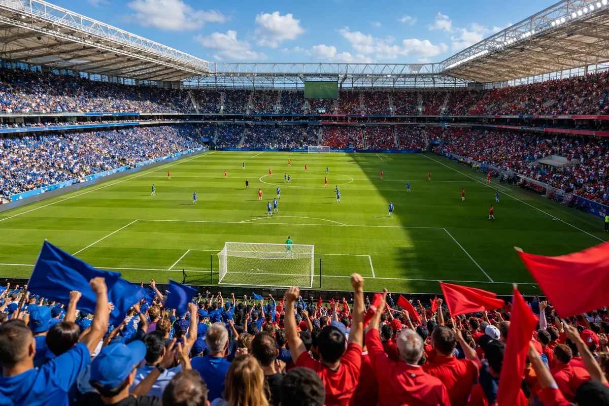 Wide shot of a professional soccer stadium during a daytime warmup match, two teams in dif
