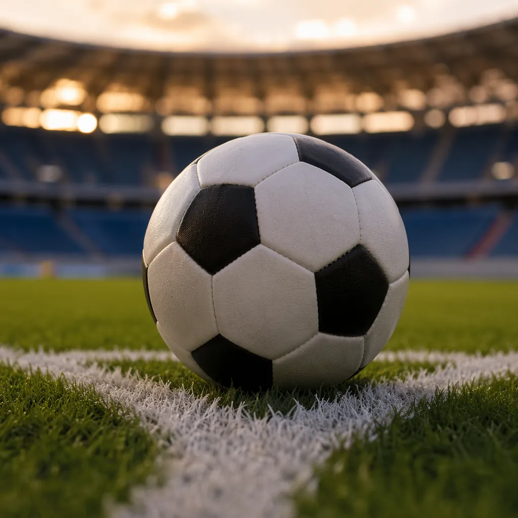 Close up of a football resting on the center mark of a professional football pit