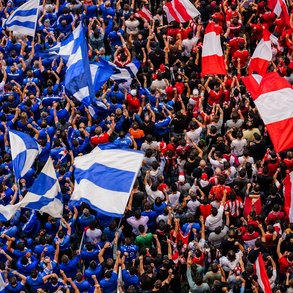 High angle shot of cheering football fans in stadium stands, waving generic team