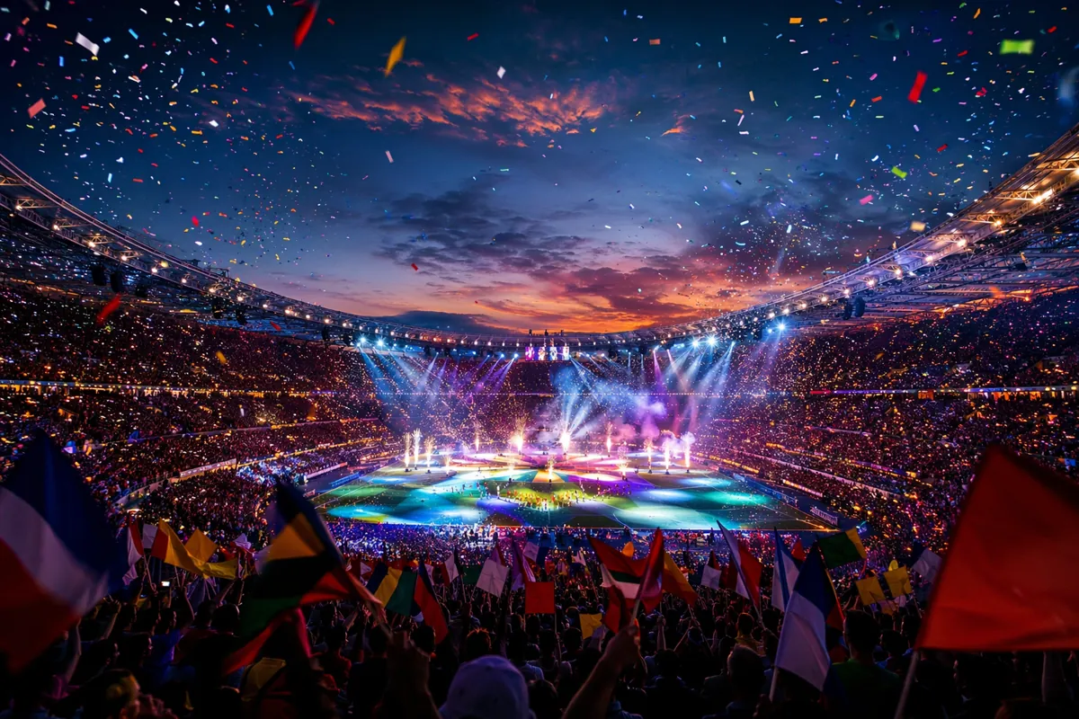 Wide shot of a packed football stadium during World Cup opening ceremony at dusk, vibrant