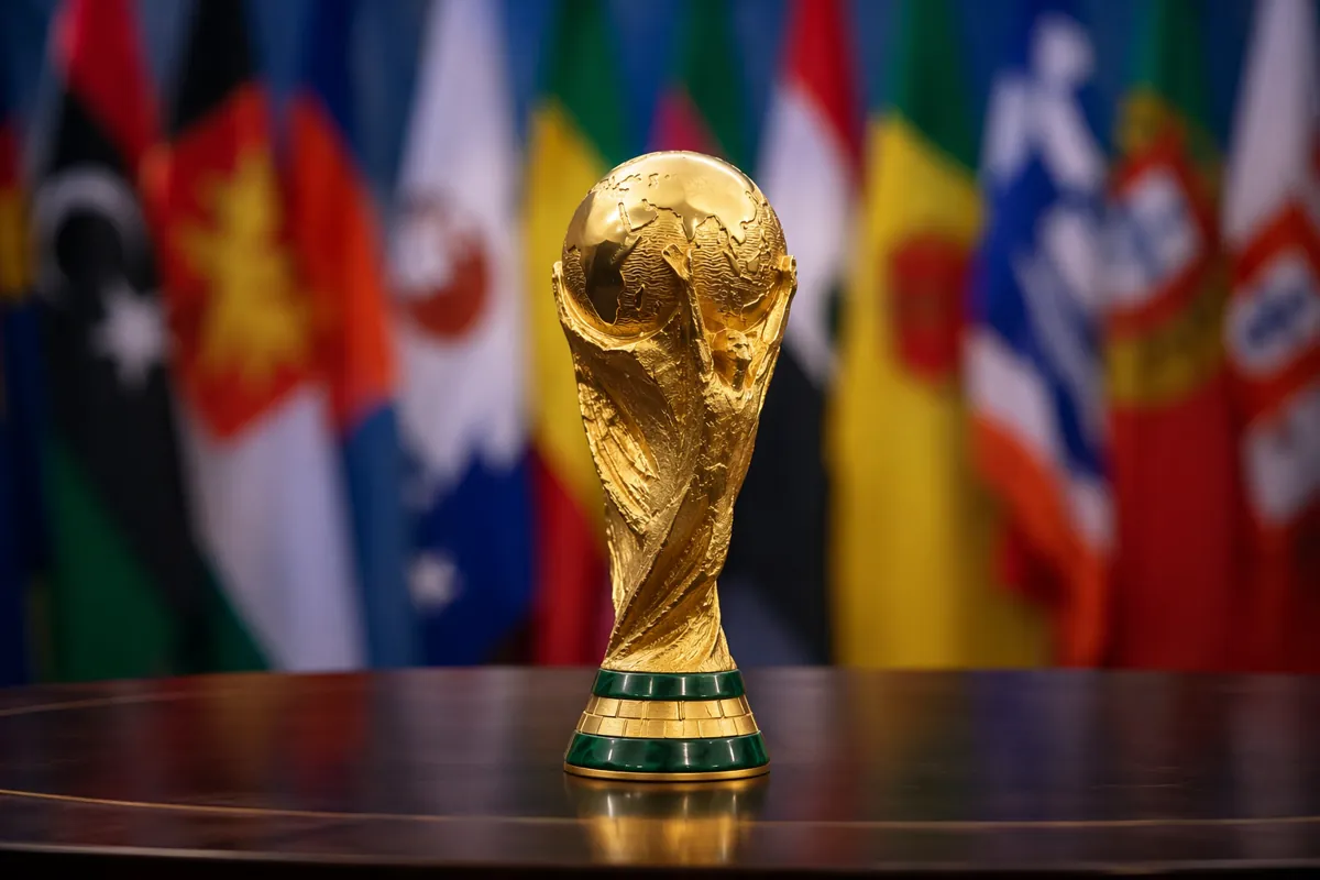 Official FIFA World Cup trophy on a polished dark wooden table, background with blurred co