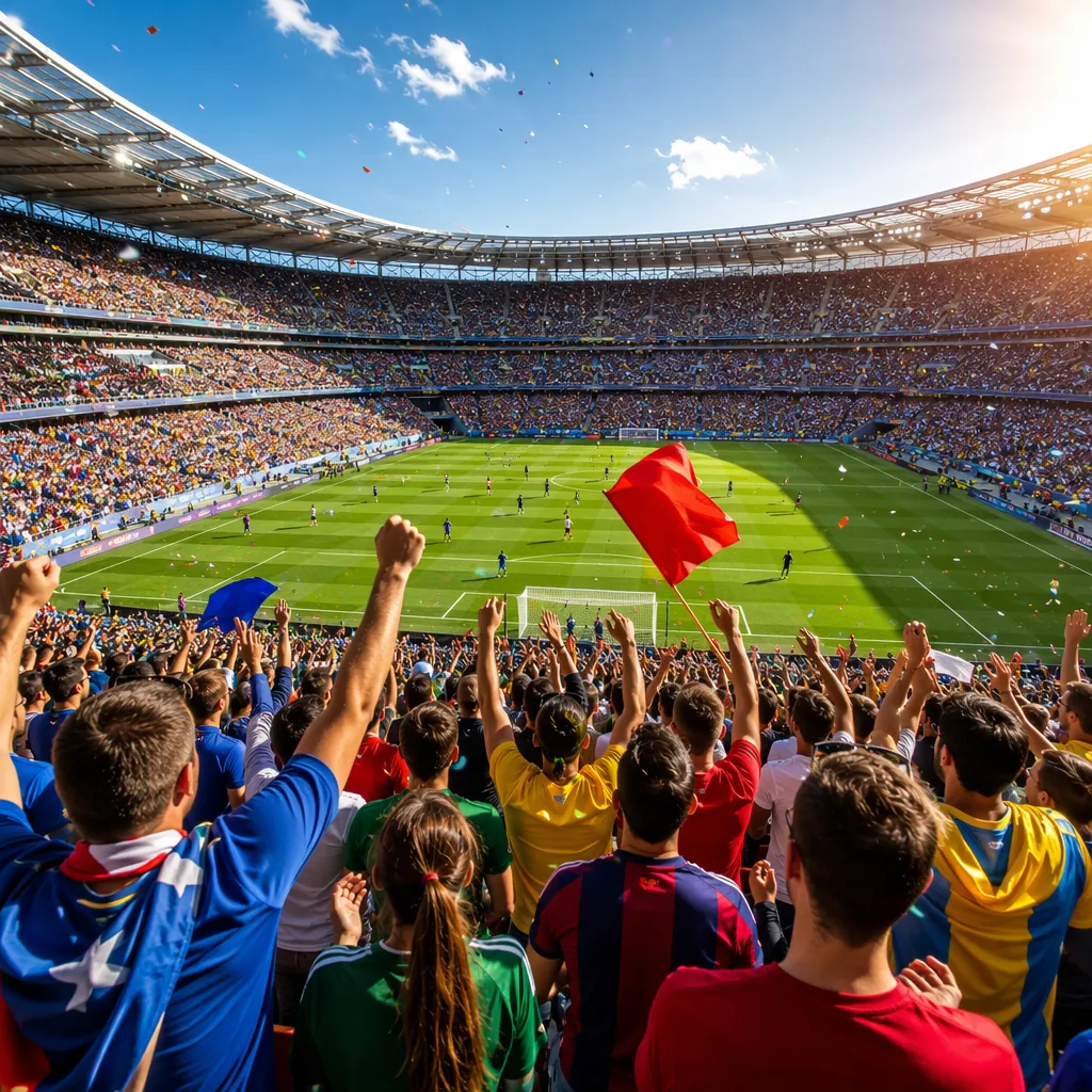 Wide shot of a modern football stadium with cheering fans in colorful jerseys, b