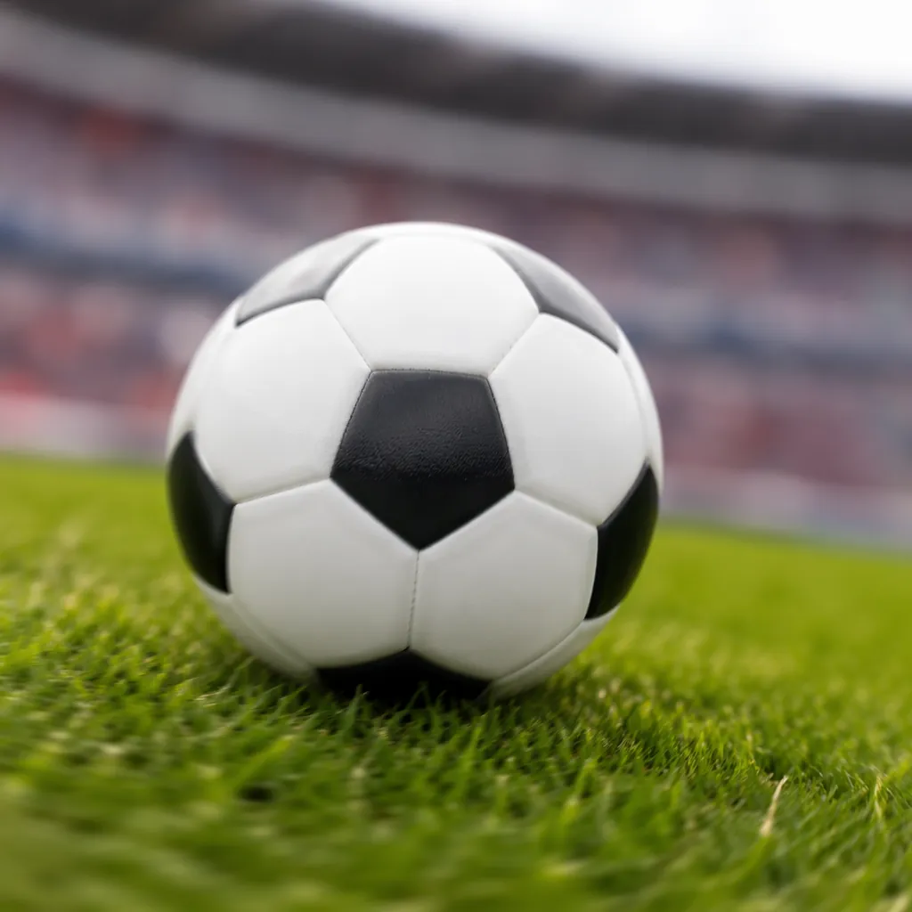 Close up of a generic white and black football rolling on green grass pitch, blu