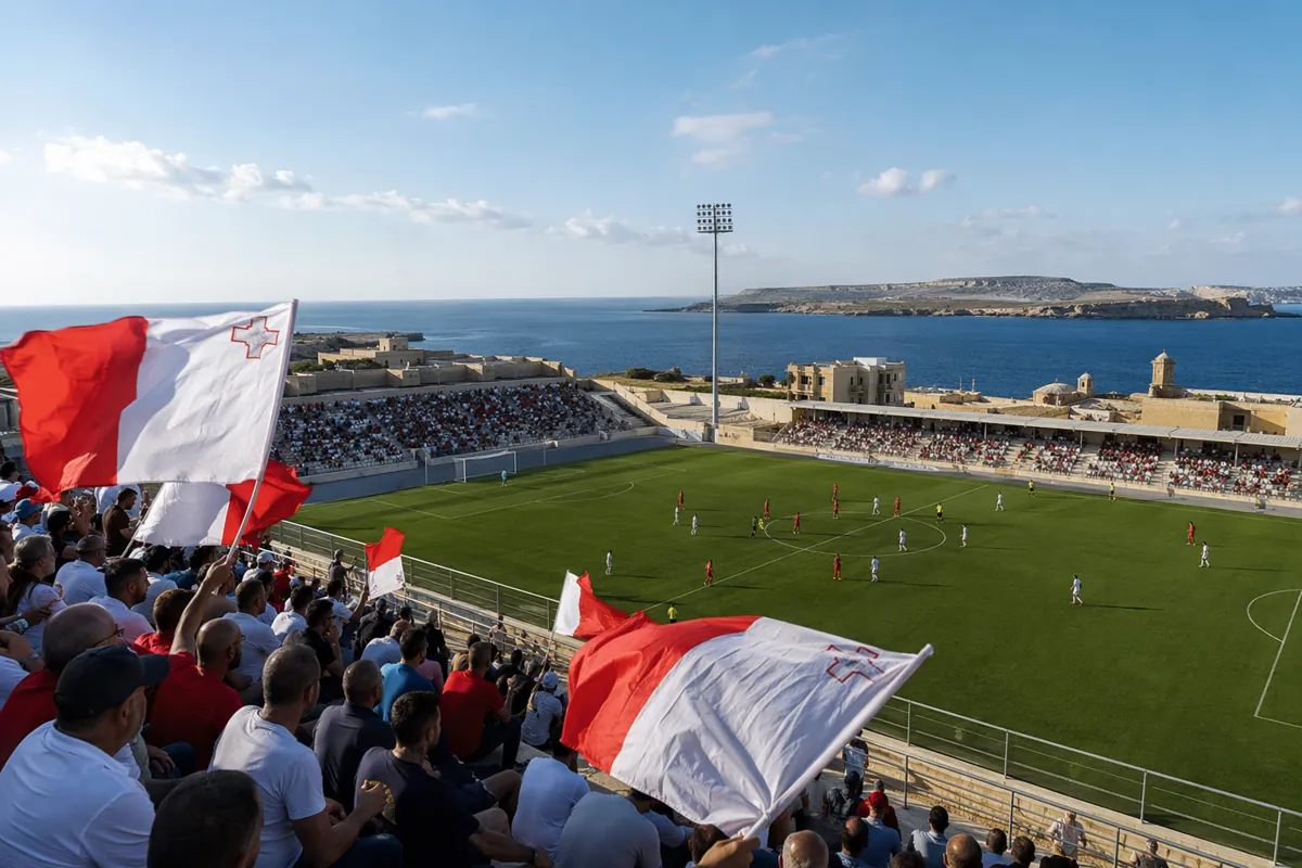 Wide shot of a small Mediterranean island football stadium, local fans waving national fla