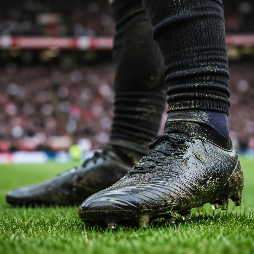 Close up shot of football boots on green grass pitch, blurred background of chee