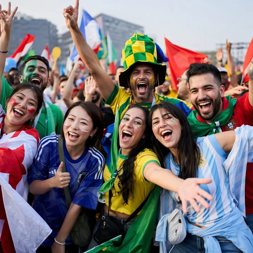 Wide shot of diverse World Cup fans celebrating together in a fan zone, vibrant