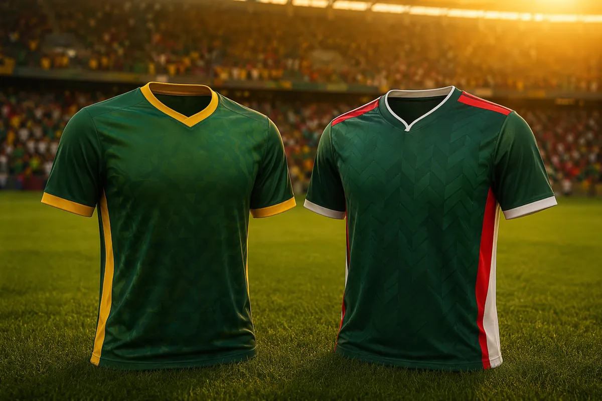 Professional sports news header image, two generic national football team jerseys (one wit