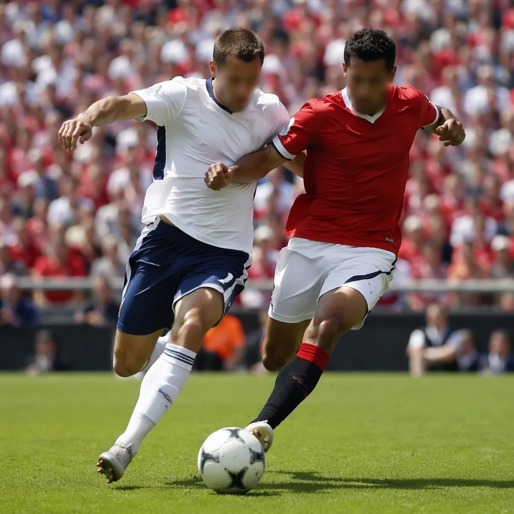 Generic football match action scene, two unrecognizable players competing for th