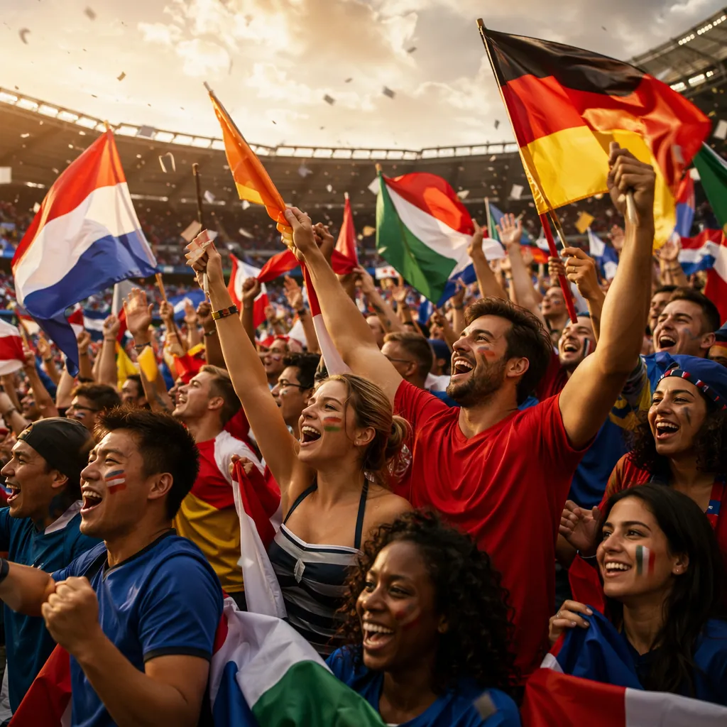 Wide shot of football fans cheering in a stadium, holding generic national flags