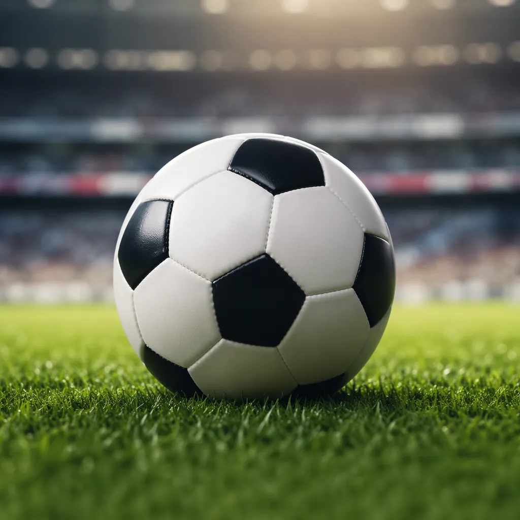 Close-up shot of a soccer ball resting on green grass pitch, blurred stadium sta