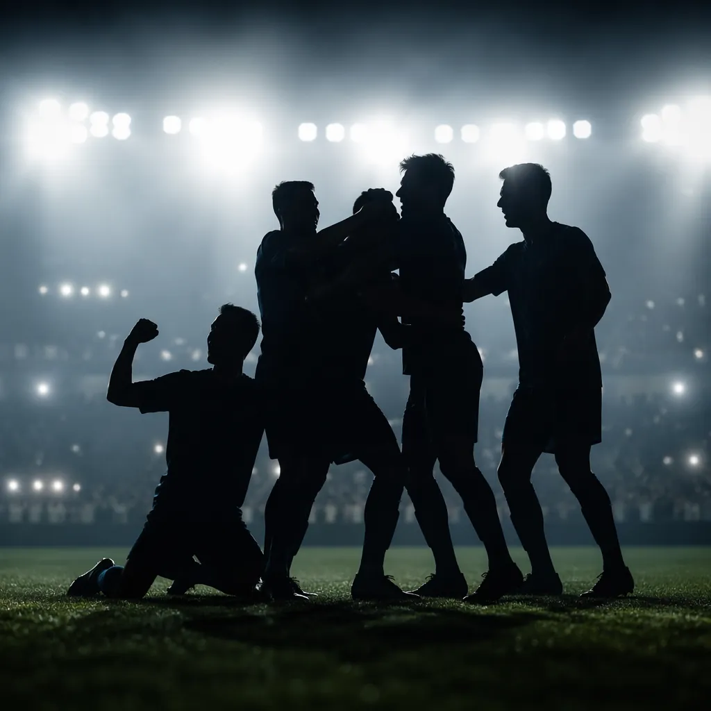 Silhouette of soccer players celebrating together against bright stadium floodli