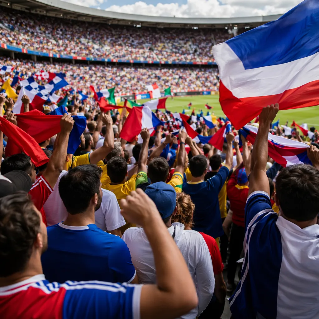 Wide shot of anonymous football fans wearing generic national team jerseys cheer
