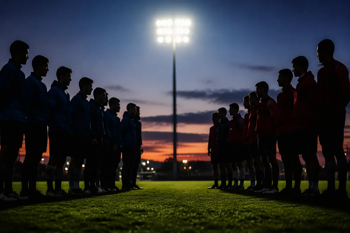 Silhouettes of two groups of people in contrasting team uniforms facing each other on a fo