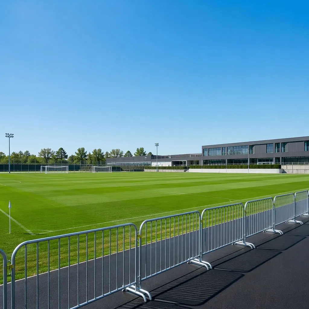 Wide shot of a modern football training facility with empty green pitches, clear