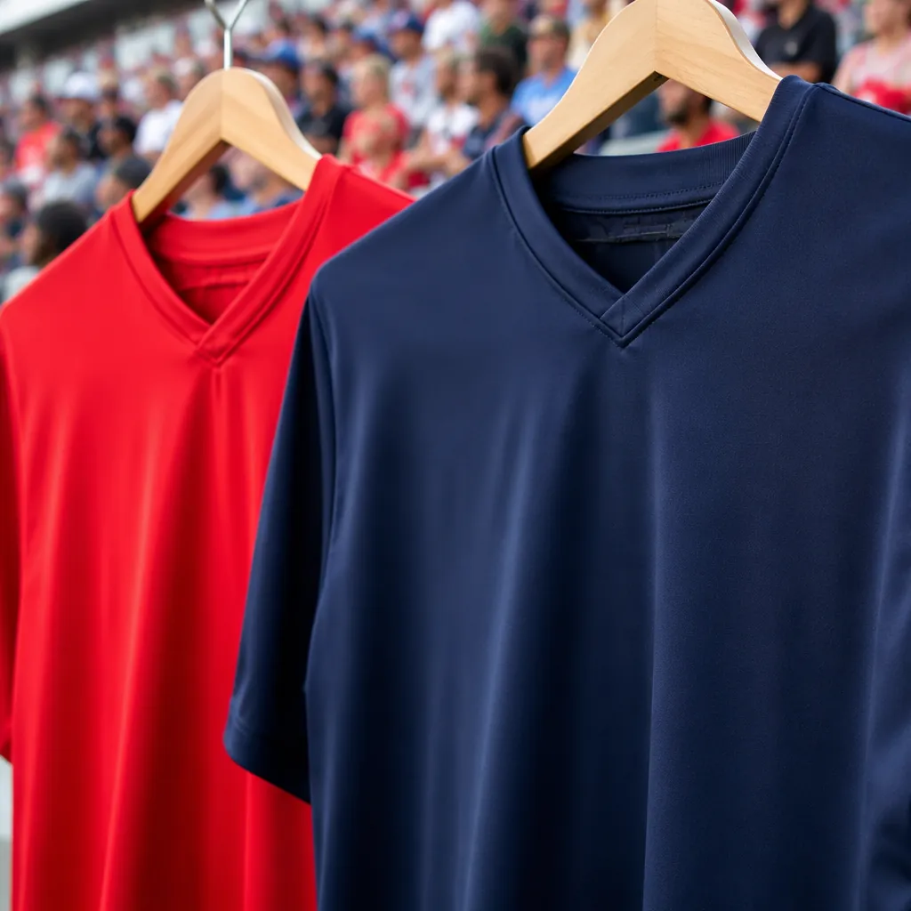 Close up of two generic football jerseys in red and dark blue colors hanging sid
