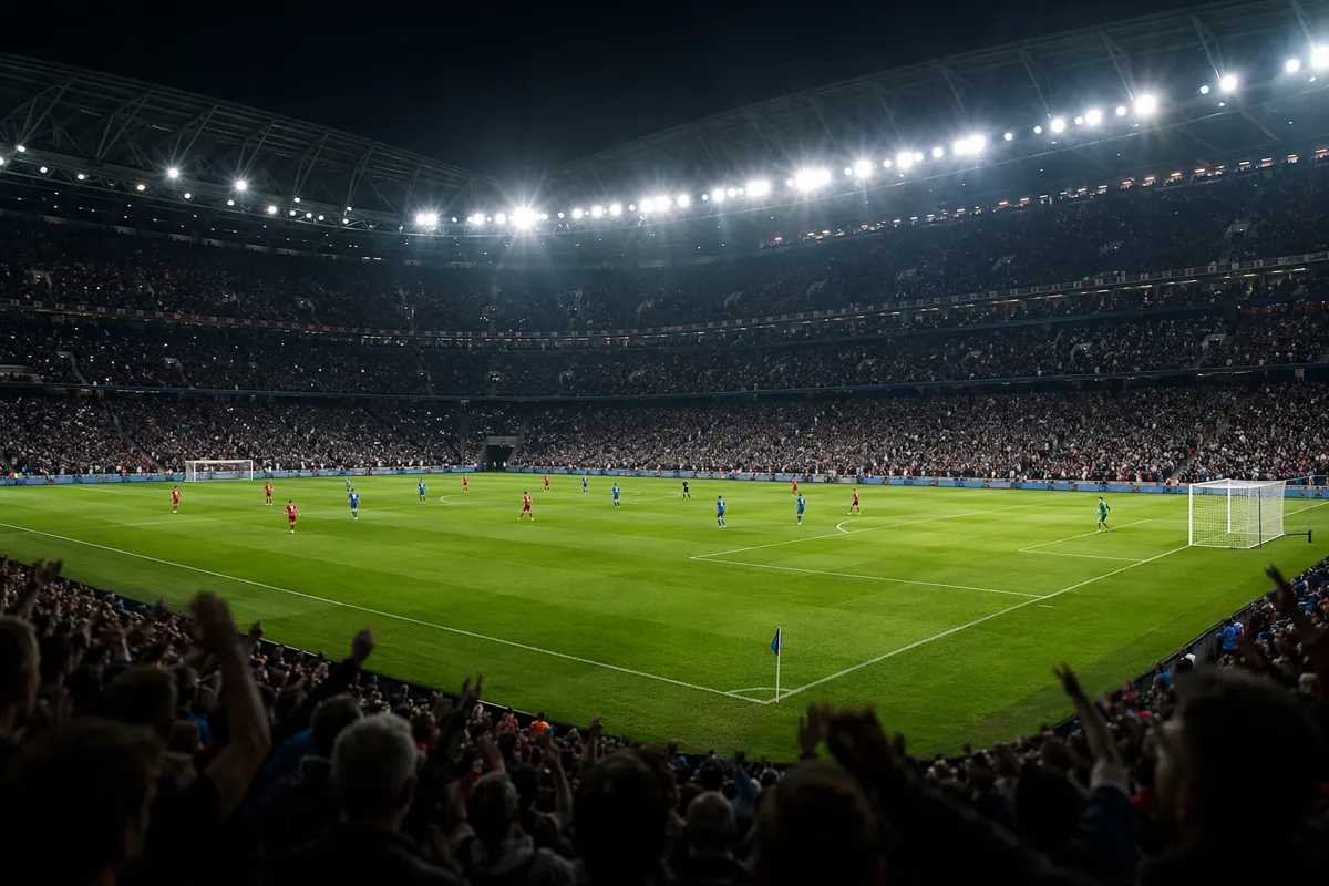 Wide shot of a professional football stadium during a night match, bright floodlights, blu