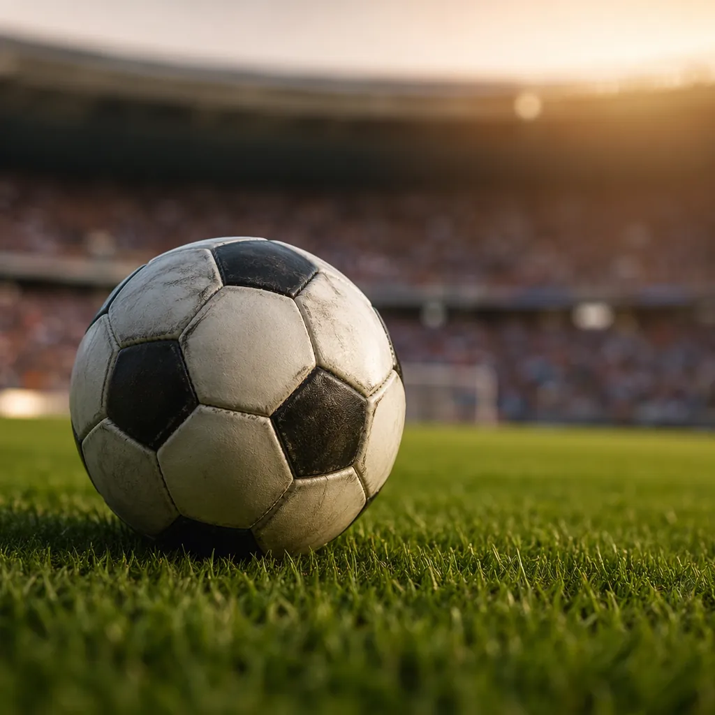 Close up of a football resting on the green pitch of a world cup stadium, blurre