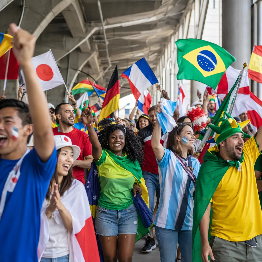 Wide shot of international football fans waving generic national flags in a stad