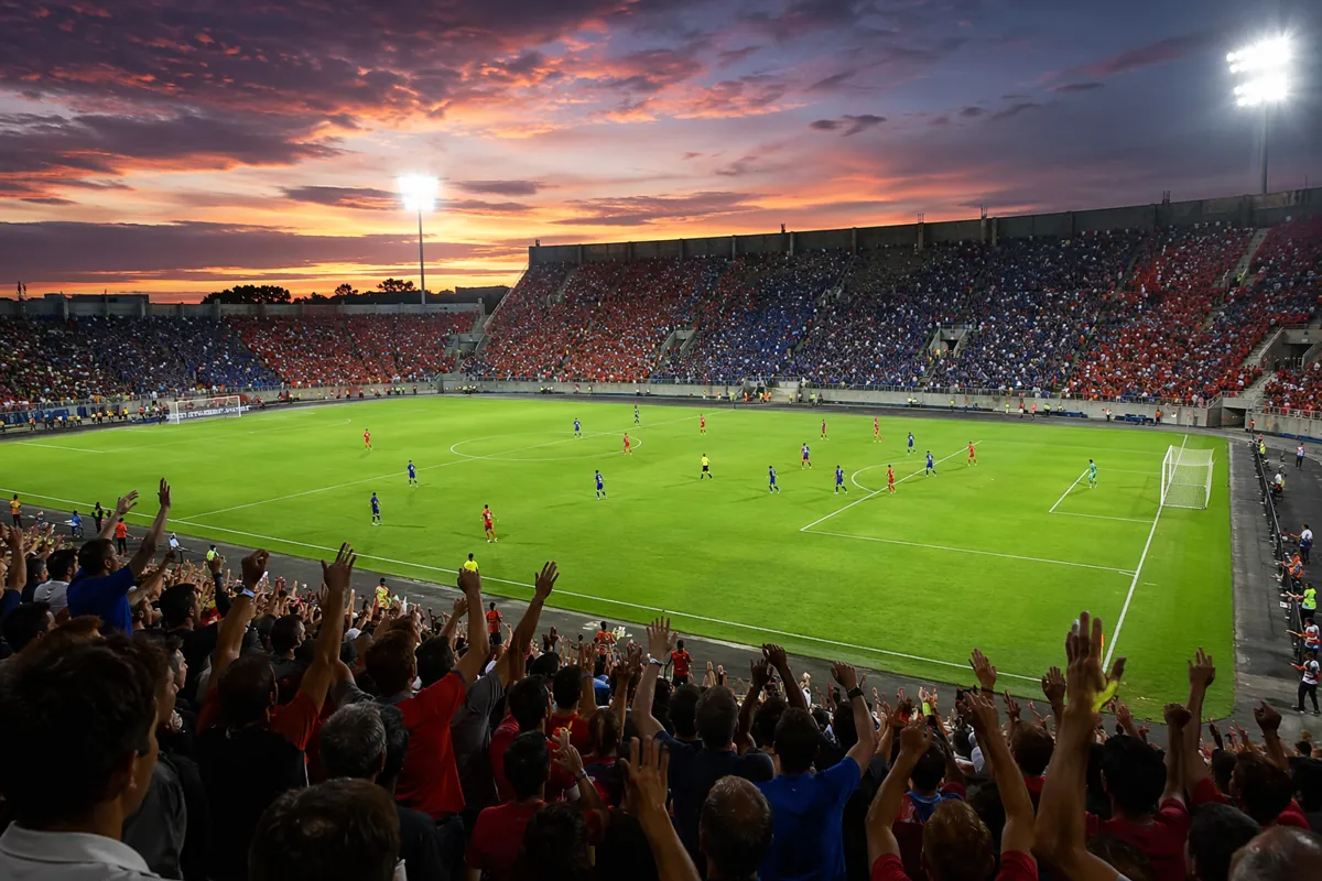 Editorial news photo of a generic international football match at dusk, wide shot of green