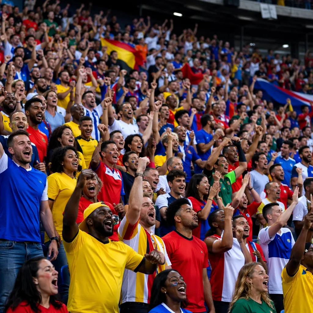 Wide shot of diverse football fans cheering in stadium stands, wearing colorful