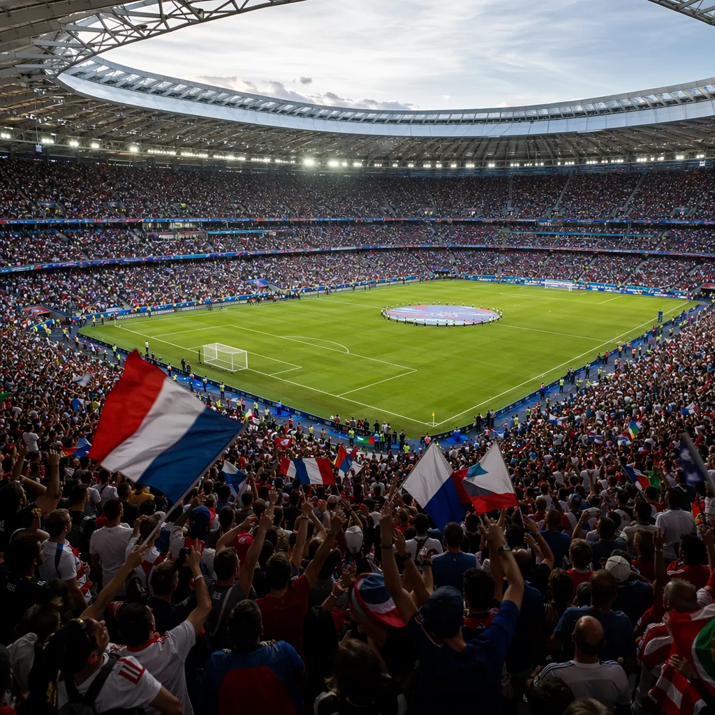 Wide shot of a packed football stadium during a World Cup match, with fans wavin