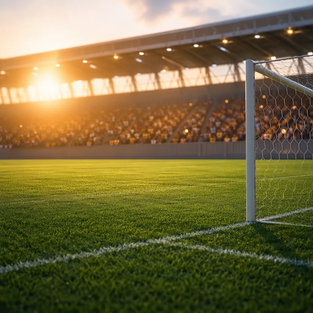 Abstract football training field scene, empty soccer field with goal net, warm s