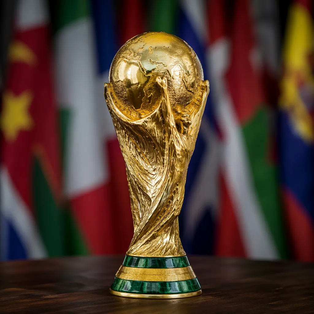 FIFA World Cup trophy replica on dark wooden table, blurred national flags backg