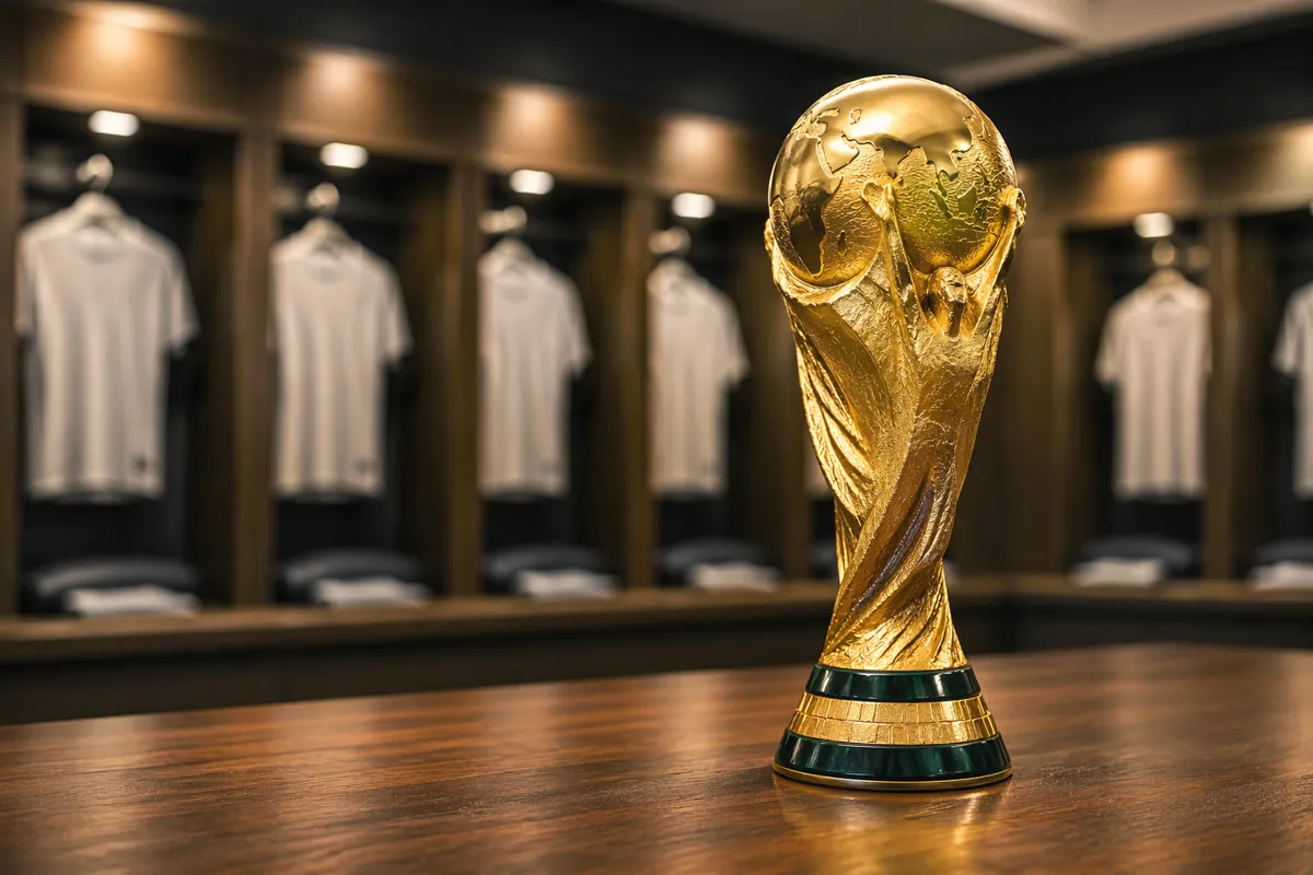 Professional sports news header image, golden FIFA World Cup trophy placed on a wooden tab