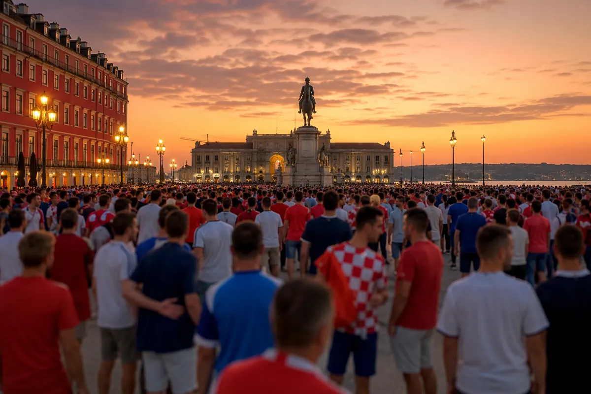 Wide shot of a peaceful football fan gathering in a public square at dusk, soft orange lig