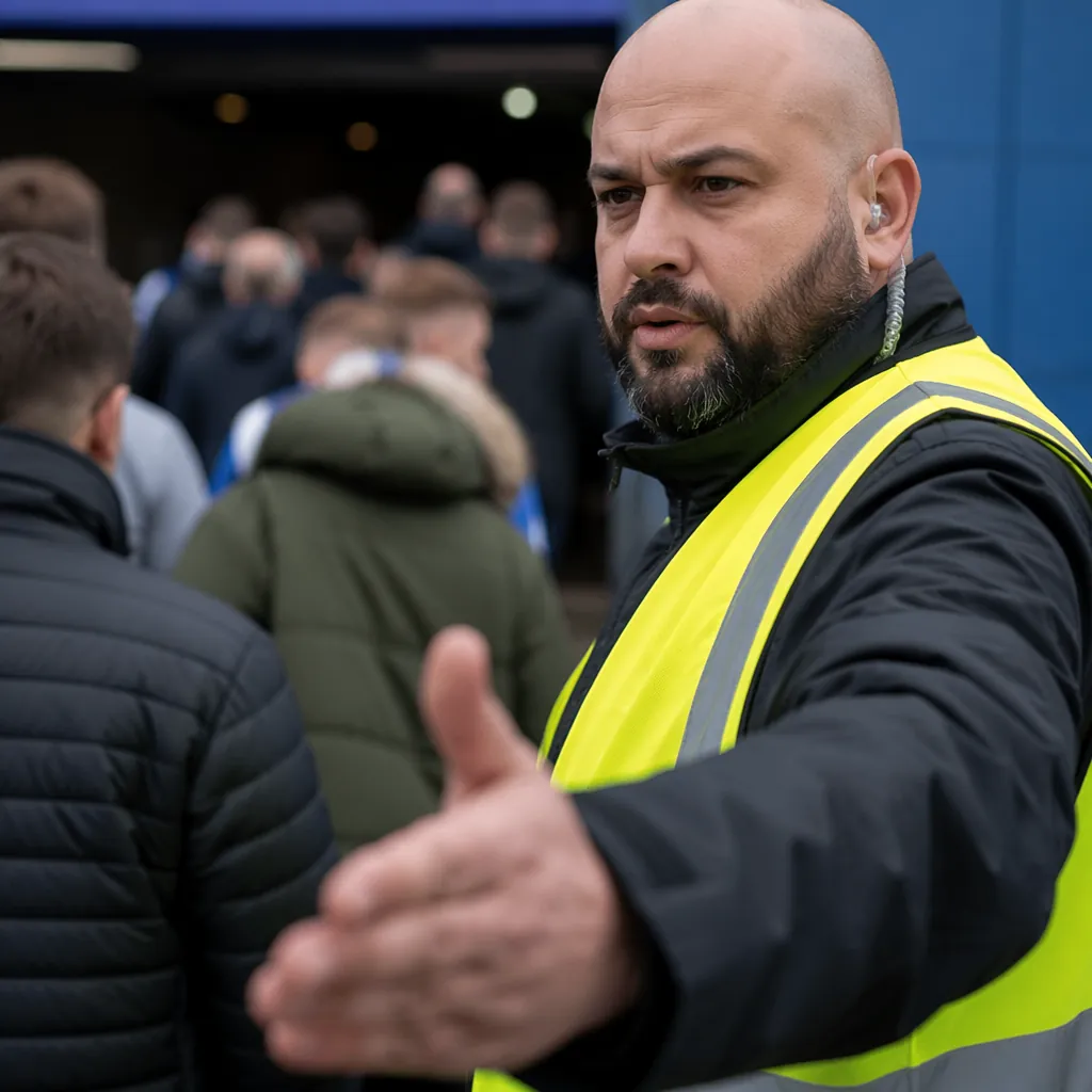 Close up of a security staff guiding fans at a football stadium entrance, blurre