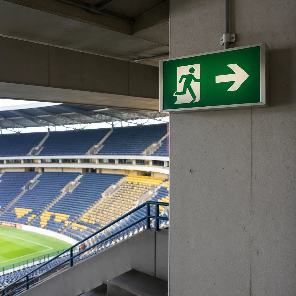 A clear, well-lit emergency evacuation route sign inside a football stadium, no