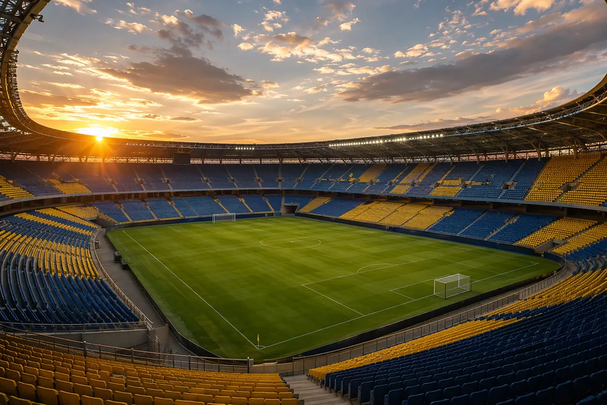 Wide shot of a professional football stadium at dusk, green pitch in the center, empty sta