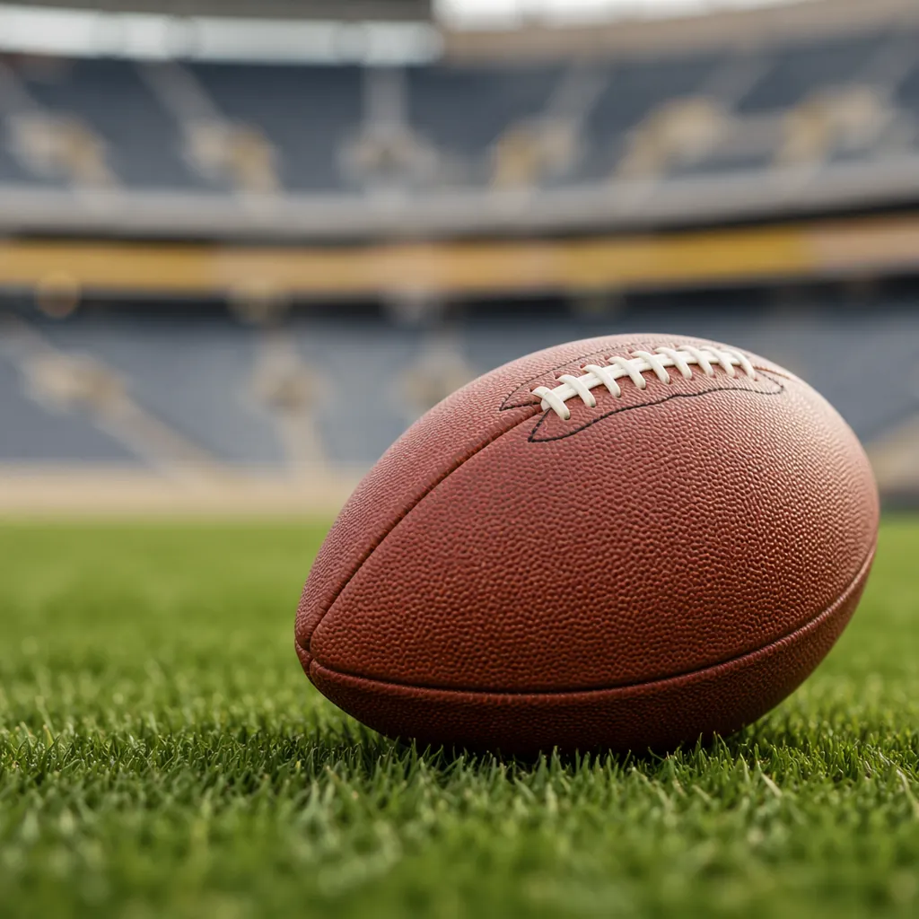 Close up shot of a standard football resting on green grass, with blurred stadiu