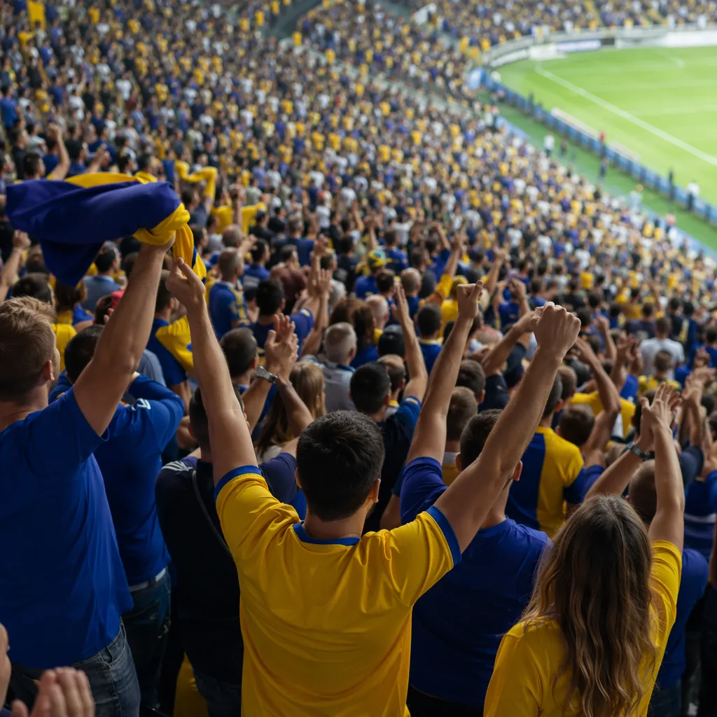 Wide shot of generic football fans wearing blue and yellow jerseys cheering in a