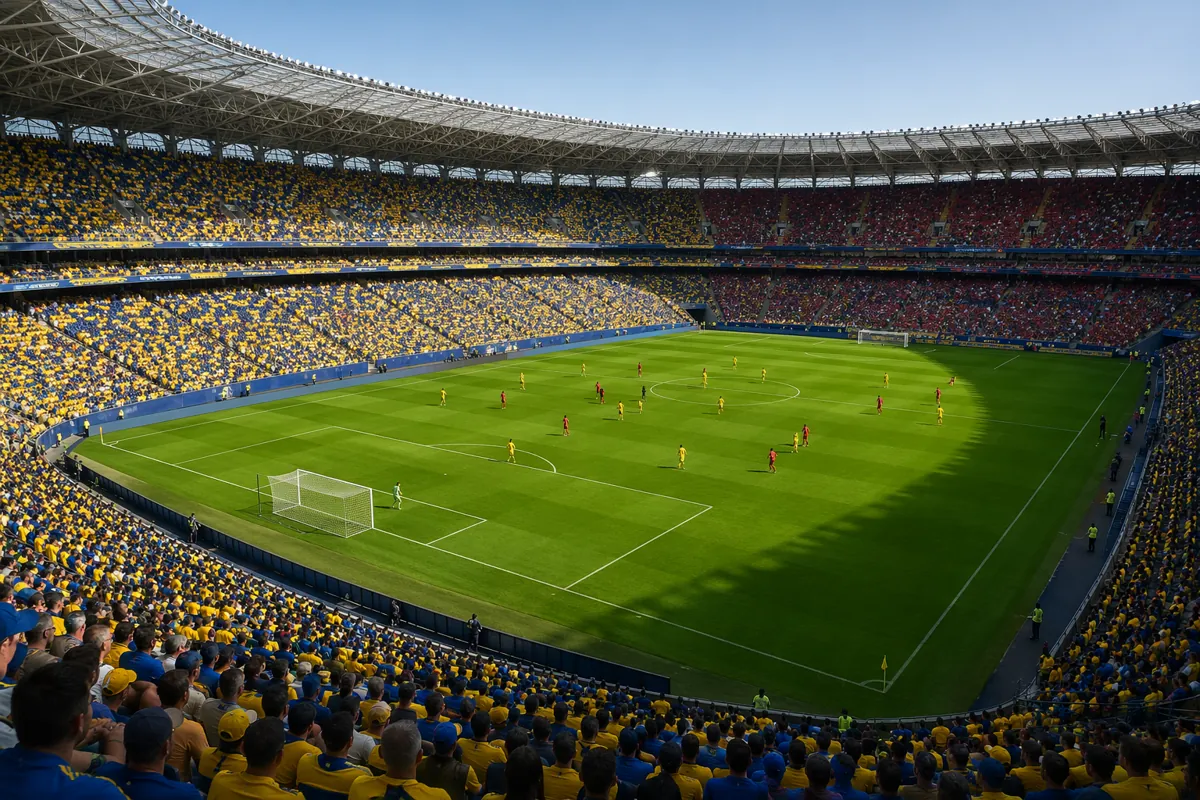Wide shot of a professional football stadium during a daytime match, vibrant green pitch,