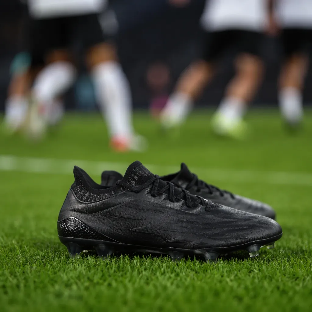Close up shot of football boots resting on green grass pitch, blurred players ru