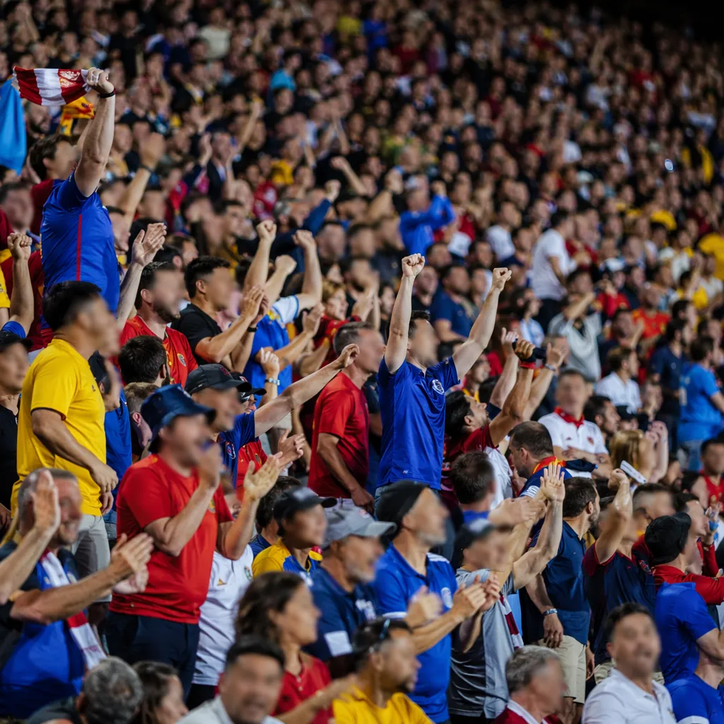 Wide shot of cheering football fans in stadium stands, wearing colorful team jer