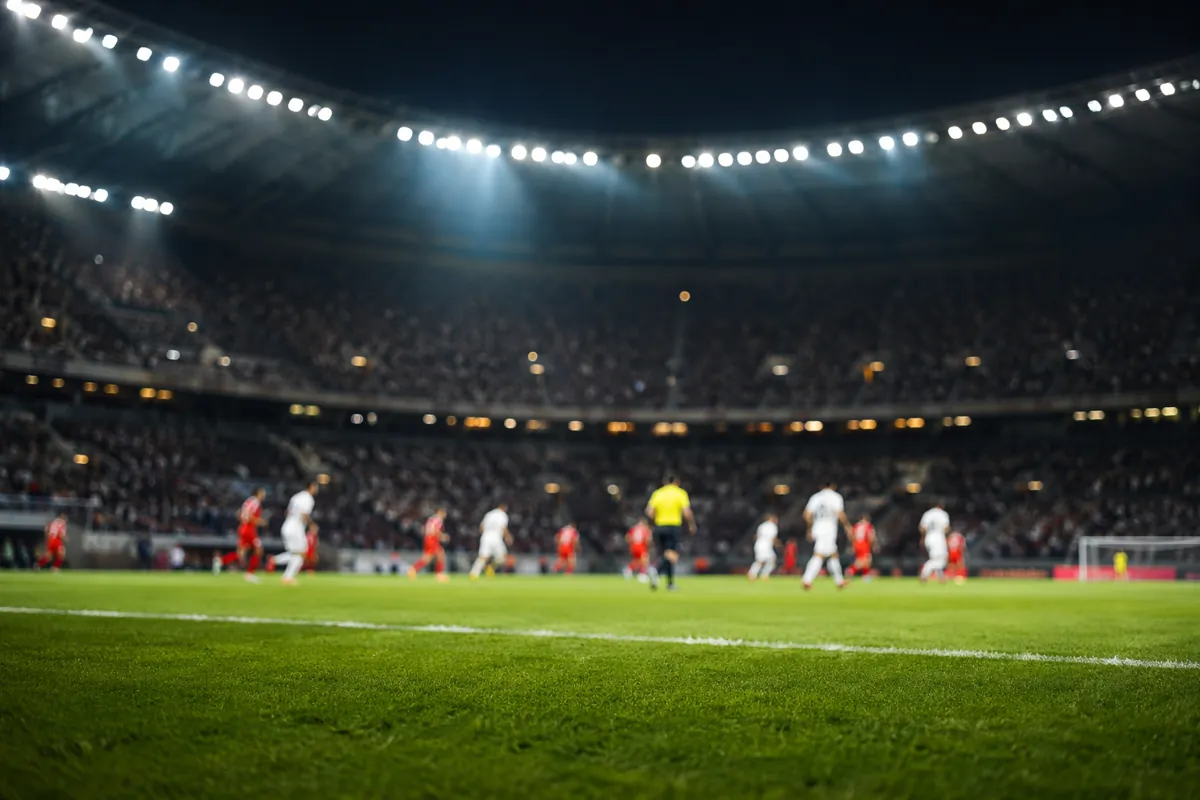 Editorial grade football news hero image, wide shot of a modern football stadium during a