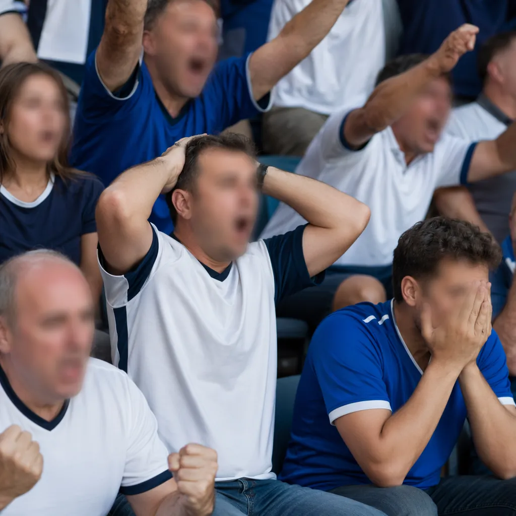 Group of football fans in generic team jerseys reacting to a match, blurred face