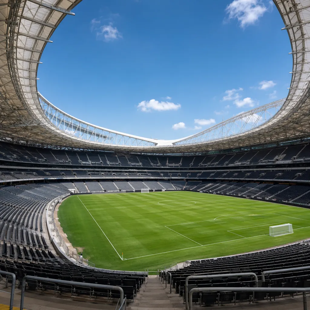 Wide shot of modern World Cup stadium in Dallas, green football pitch, empty sea