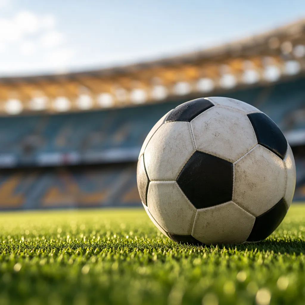 Editorial sports image, close up of a standard football resting on green pitch t