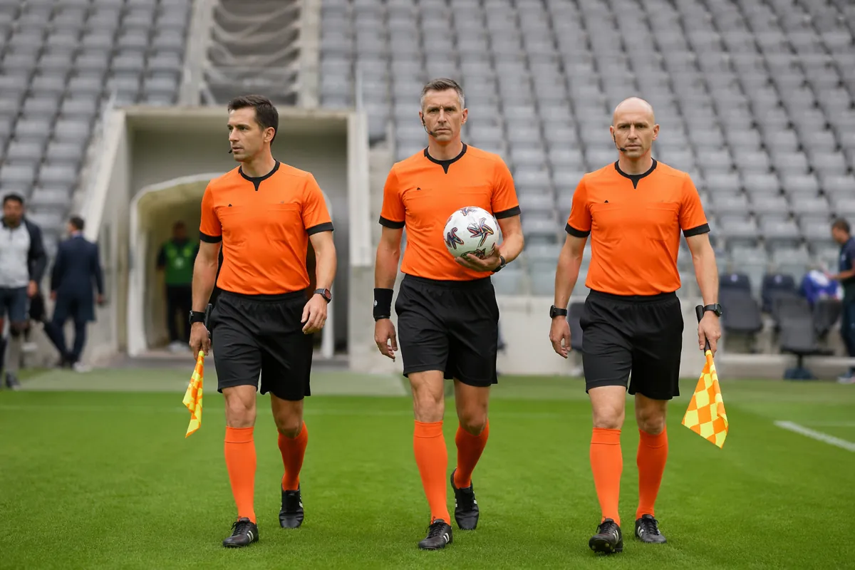 Professional soccer referees in bright orange uniforms walking onto a modern green footbal