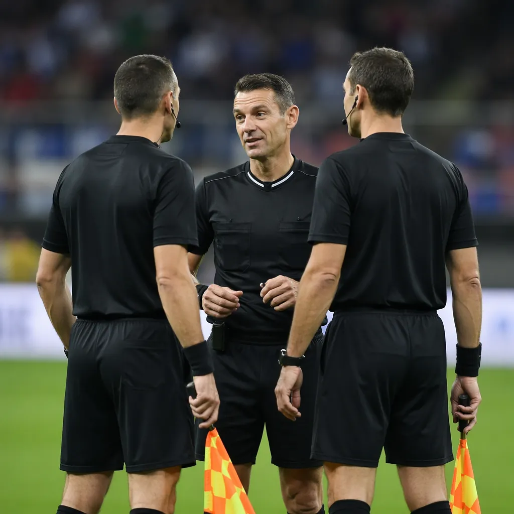 Group of three soccer referees in official uniforms chatting on the sidelines of