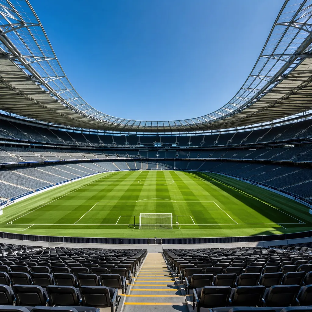 Wide panoramic shot of a modern empty football stadium with green pitch and clea