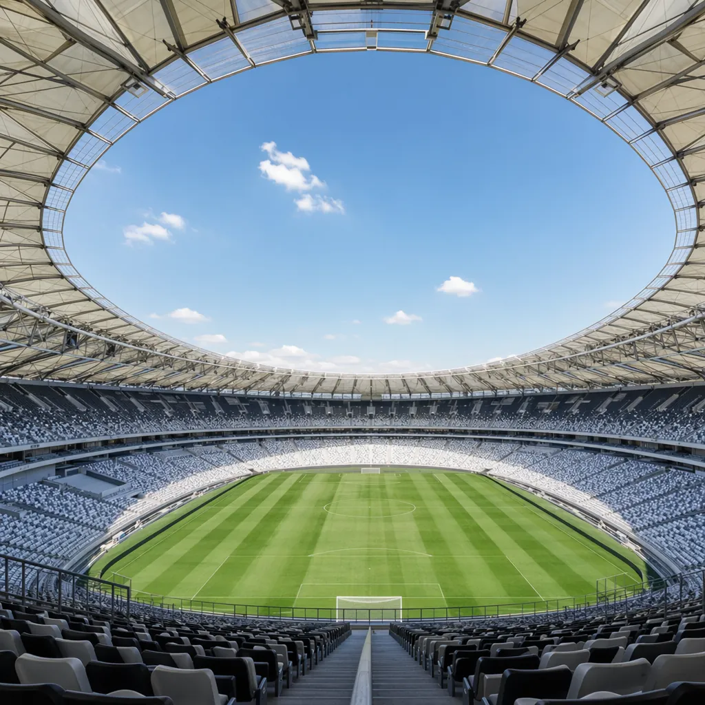 Wide shot of modern empty World Cup football stadium, blue sky above, no text, l