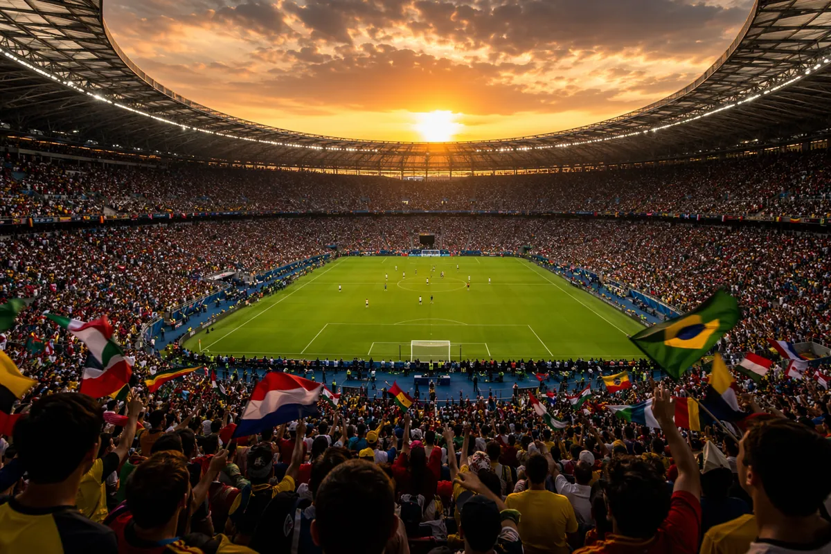Wide shot of a packed FIFA World Cup stadium at dusk, with green soccer pitch in the cente