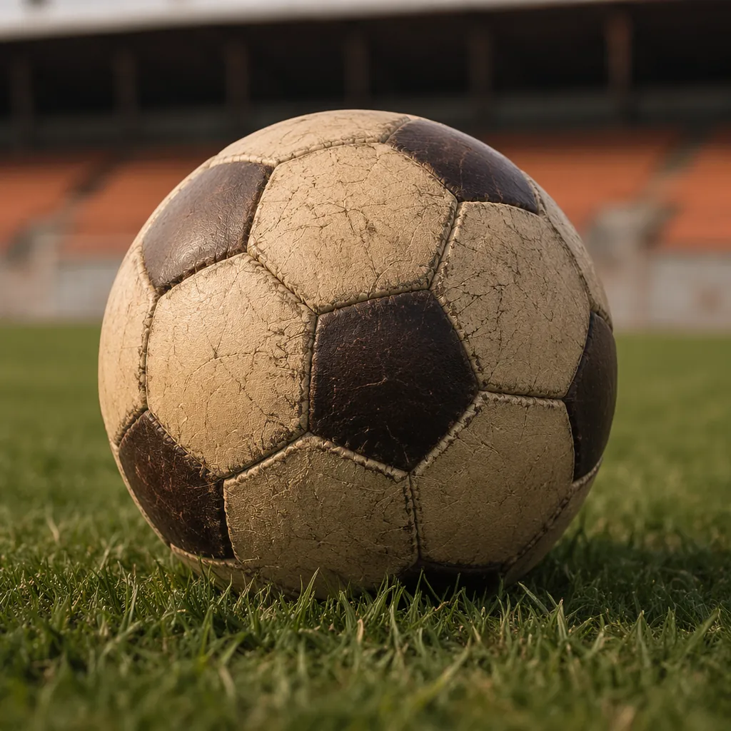 Close up of a vintage soccer ball placed on a green grass field, with blurred st