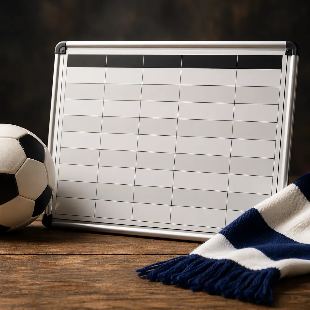 Close-up shot of a blank football match schedule board on a wooden table, with a