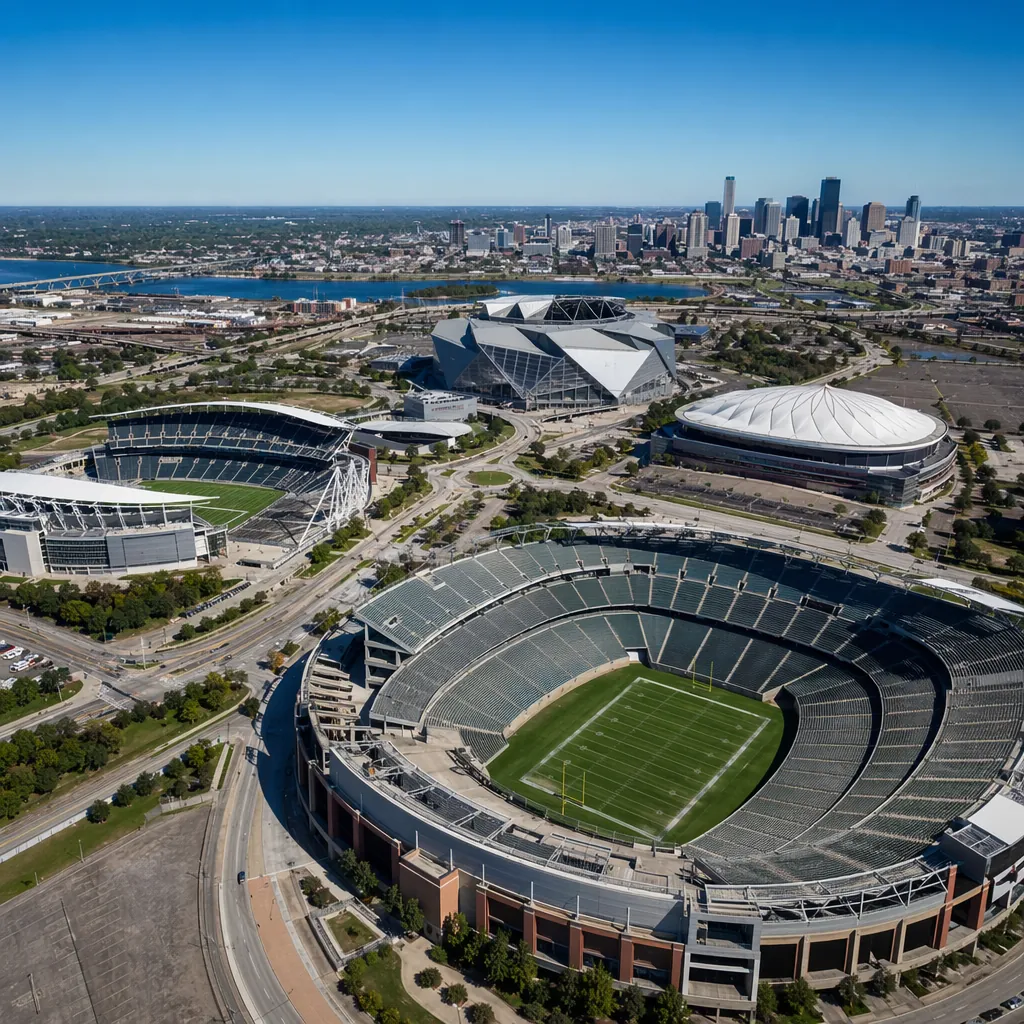 High angle shot of multiple modern football stadiums across North America, with