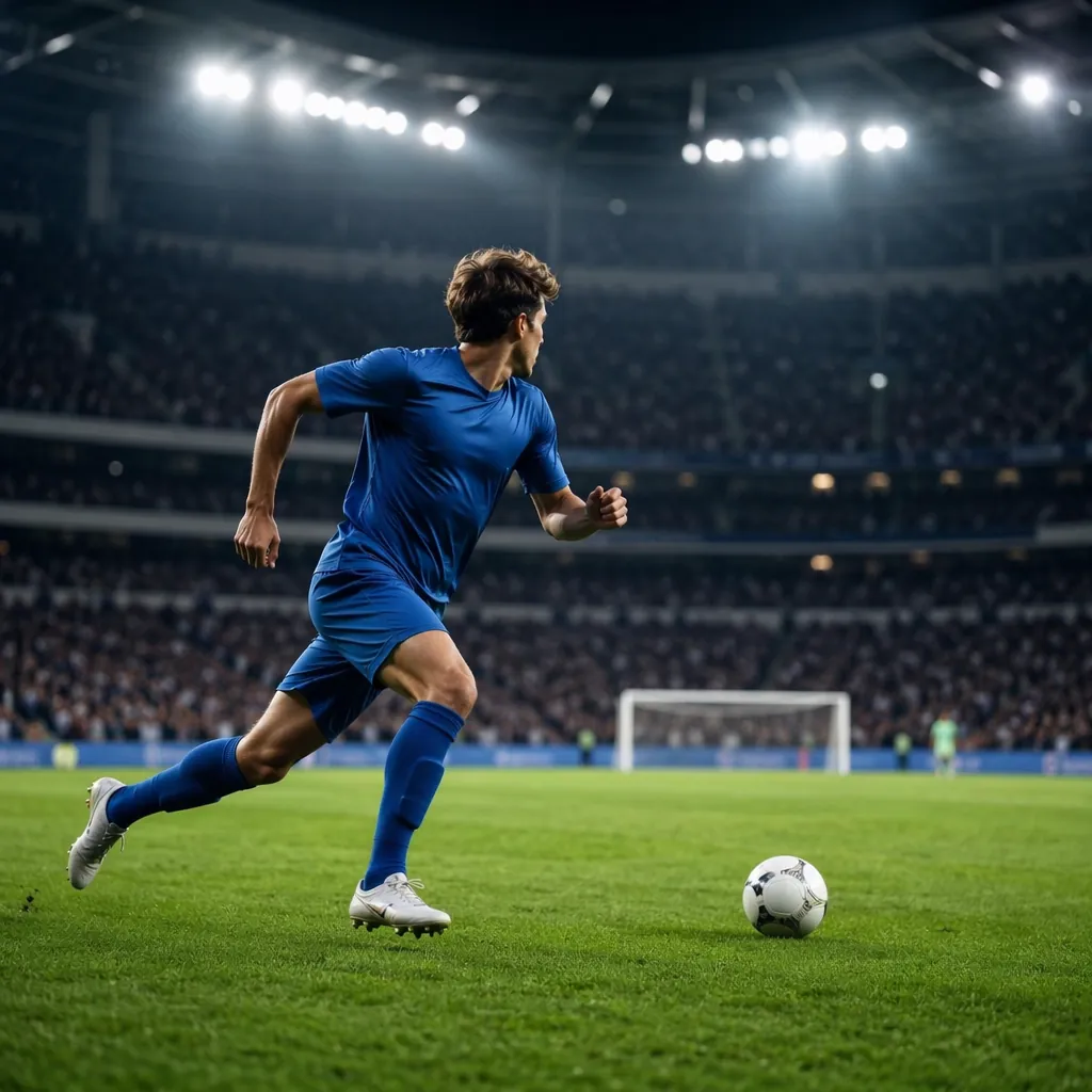 Wide shot of a young football player running on a professional stadium pitch, we